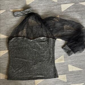 New Black and Silver Sheer Sleeve one shoulder high neck blouse Top